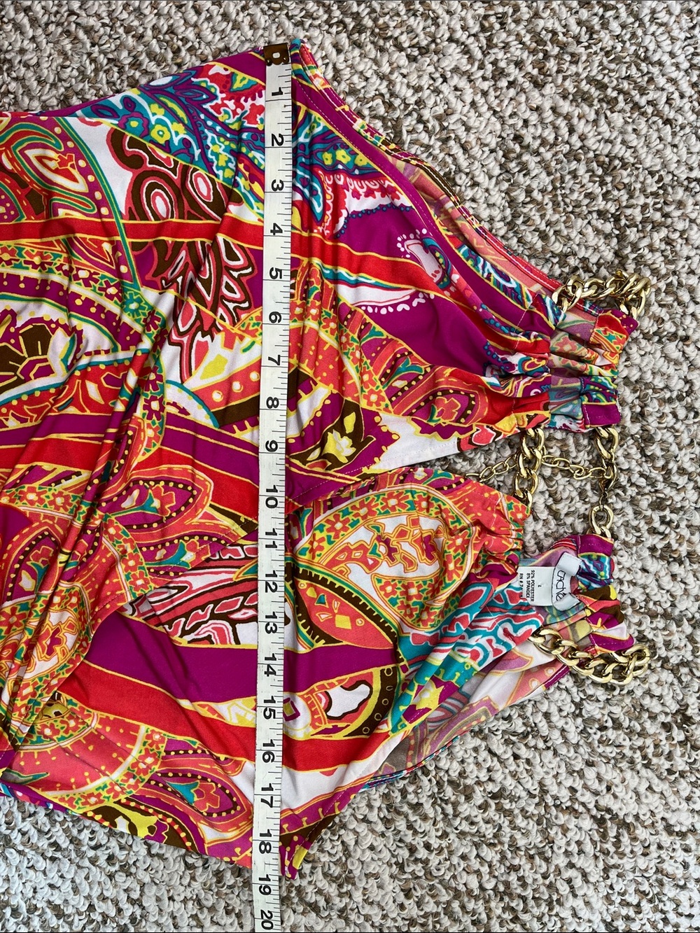 CACHÉ Y2K VINTAGE HALTER BLOUSE CHAIN COLLAR FAUX WRAP COLORFUL PAISLEY SZ LG - Picture 10 of 12